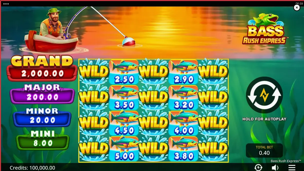 Tampilan antarmuka permainan slot Bass Rush Express dengan tema danau dan nelayan