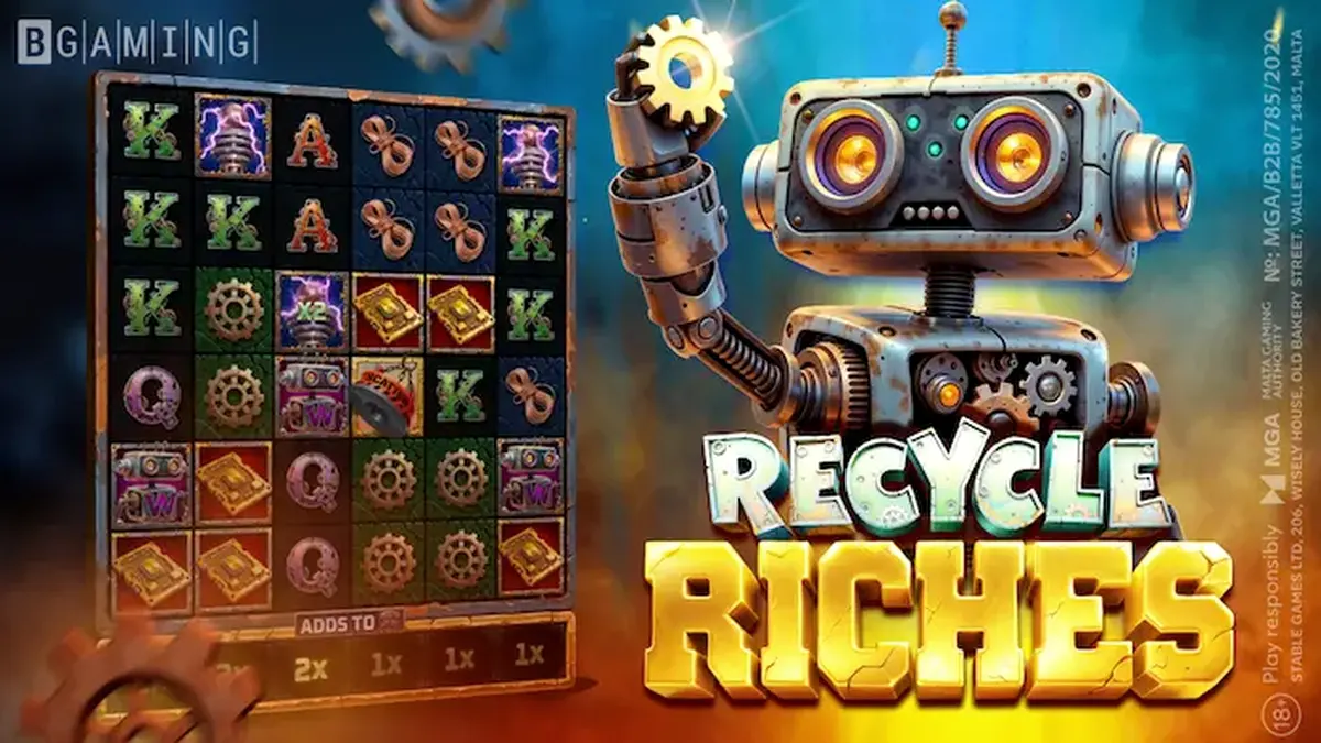 Suasana futuristik di dalam scrapyard pada permainan slot The Recycle Riches